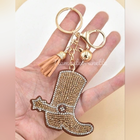 Western Boot Crystal Rhinestone Keychain Bag Charm With Tan Tassel - Picture 8 of 17